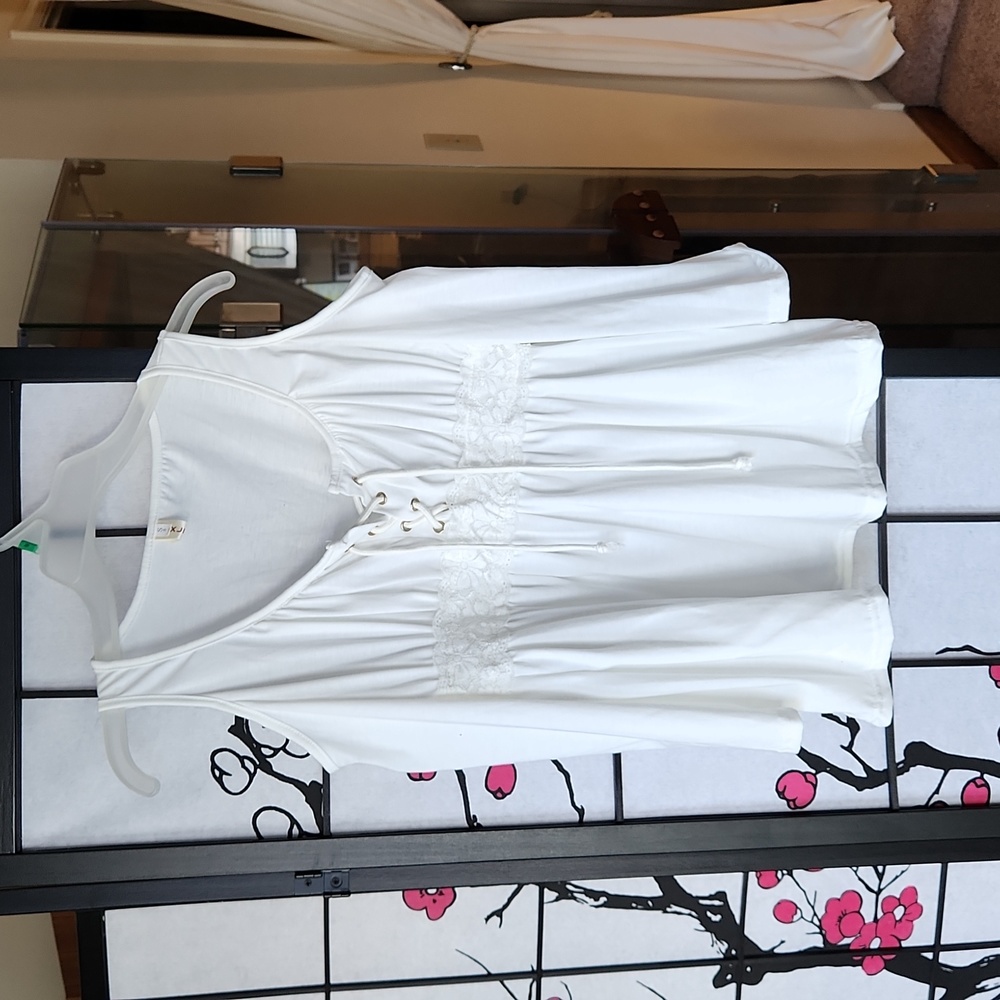 Open Shoulder white lace front tie blouse
